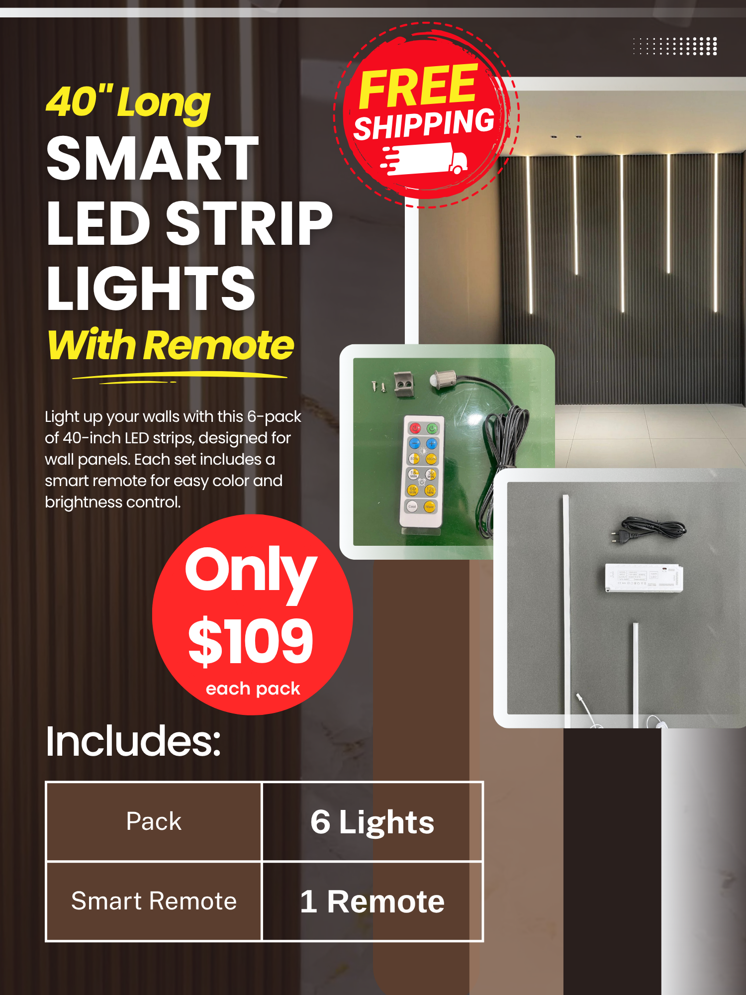 6-Pack 40" Smart LED Strips for WPC Wall Panels | Free Shipping