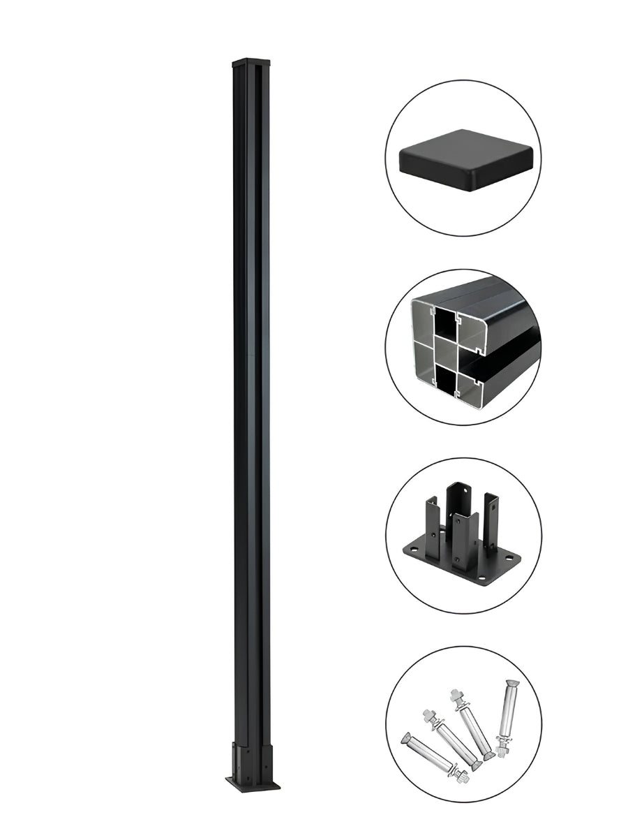 Black 6 ft above-ground fence post with detailed views of the cap, hollow profile, mounting base, and anchors