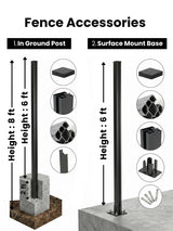 Fence post installation diagram comparing an 8 ft in-ground post with a 6 ft above-ground surface-mount post