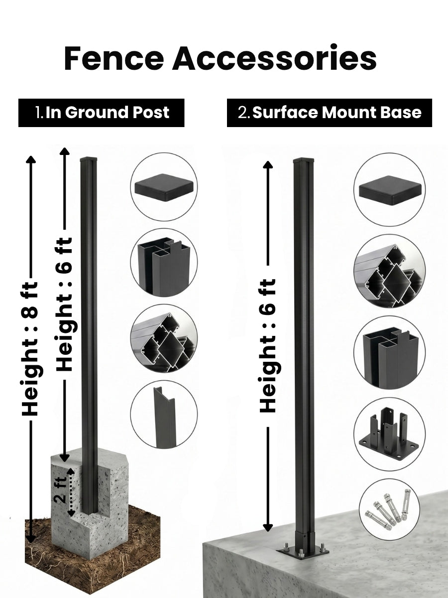 Fence post installation diagram comparing an 8 ft in-ground post with a 6 ft above-ground surface-mount post