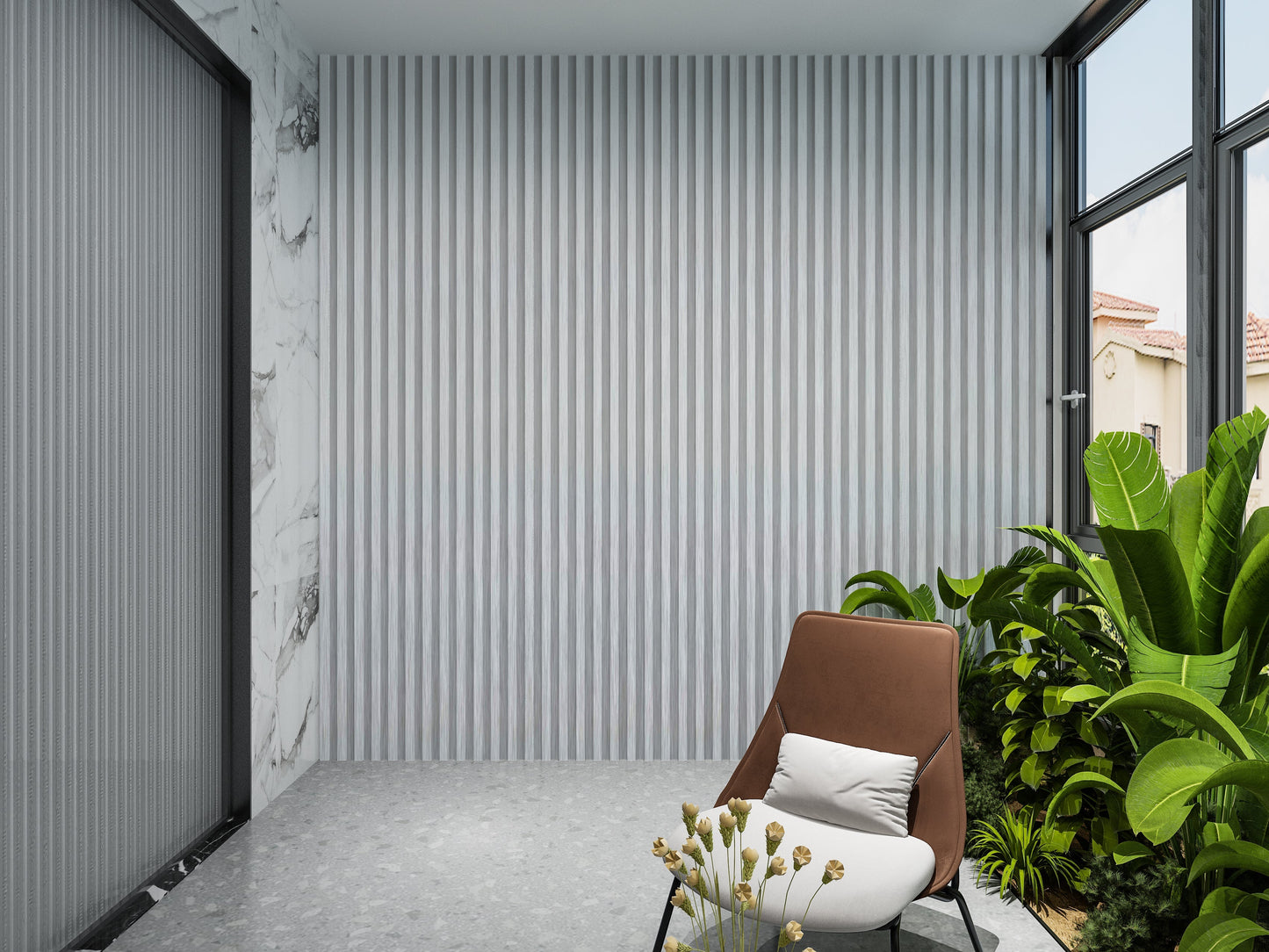 White Brushed WPC Fluted 3D Wall Panels. Wall Panel Market. Balcony Design With WPC Fluted Wall Panels