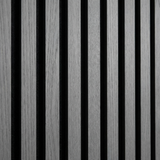 Ash gray acoustic slat wall panel close-up with black felt backing