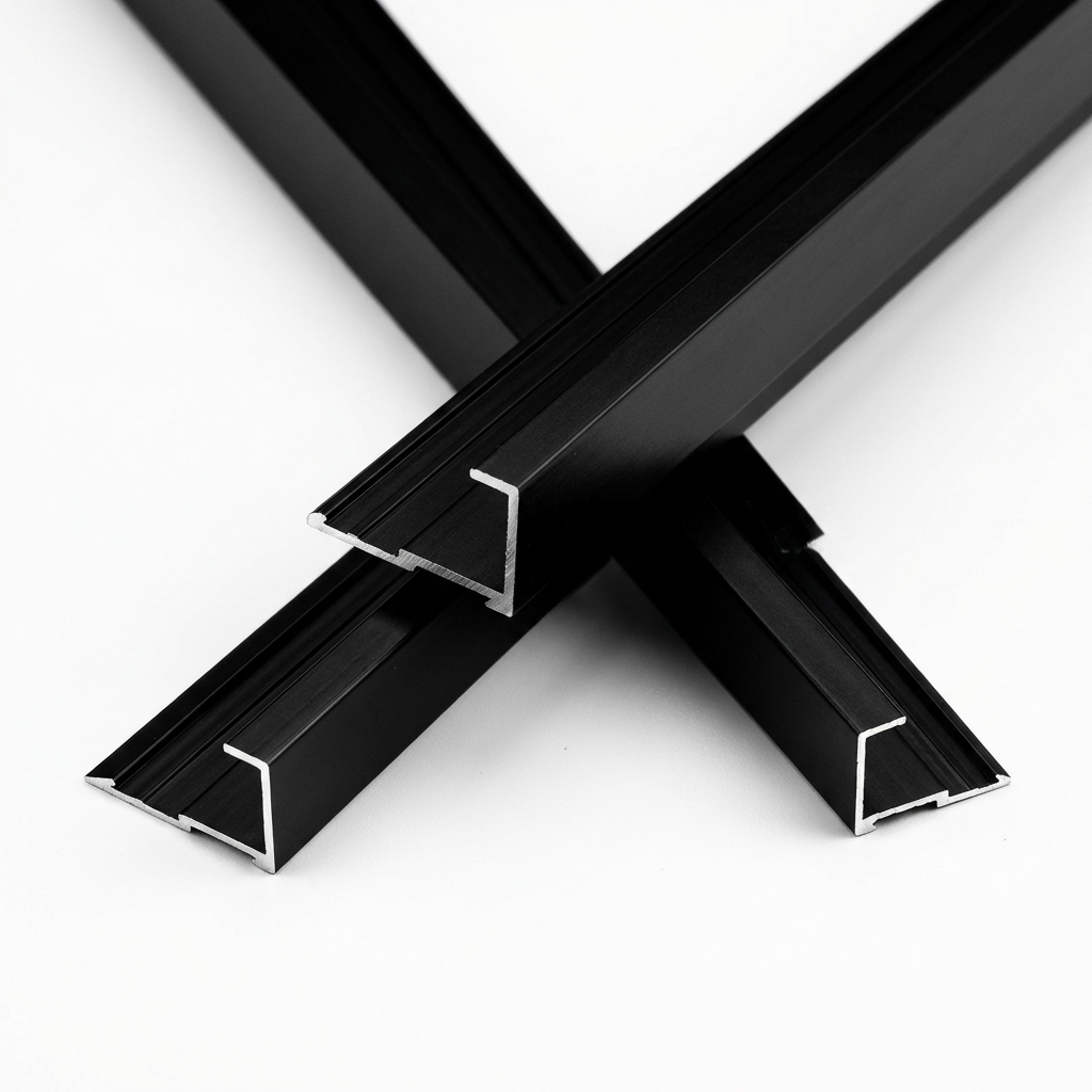 Three black aluminum alloy end cap trim pieces arranged in a crossed display