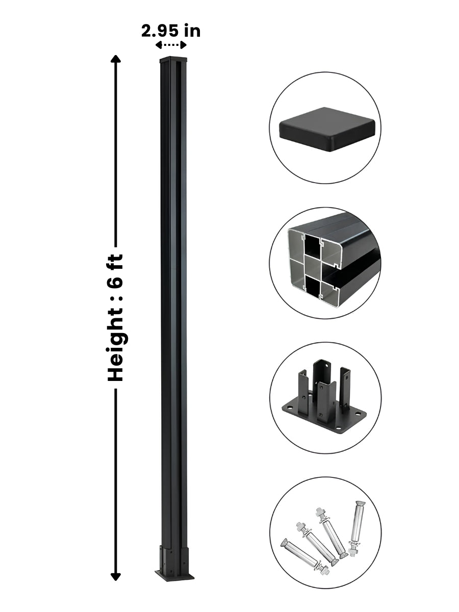 Black 6 ft above-ground fence post, 2.95 inches wide, with square cap, surface-mount base, and anchor hardware