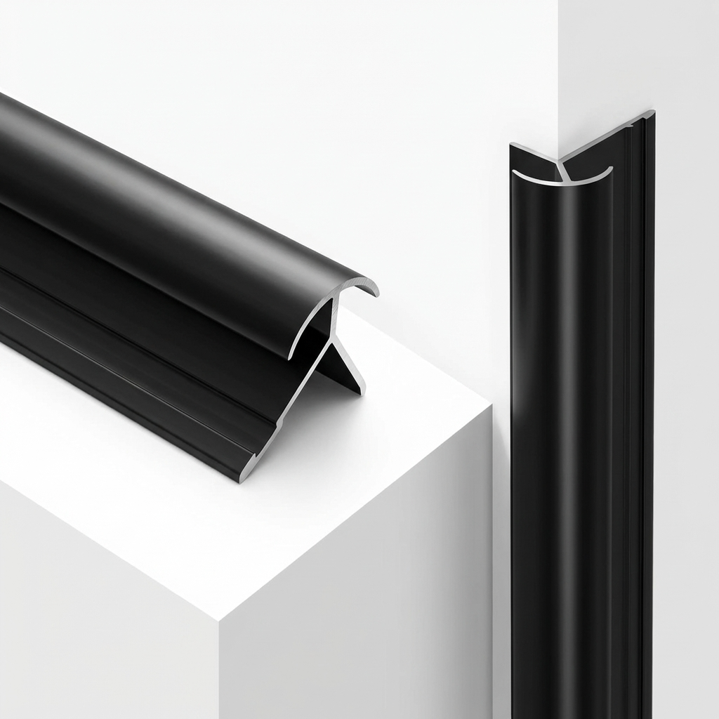 Black aluminum alloy round outside corner trim shown in cross-section and fitted vertically on a white corner