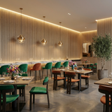 Modern restaurant interior with light oak acoustic slat wall panel feature wall and warm LED lighting