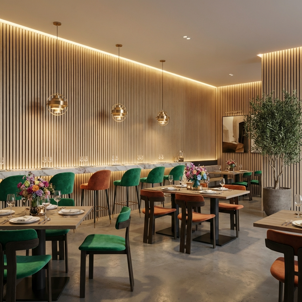 Restaurant dining area with light oak acoustic wood slat feature walls and warm lighting