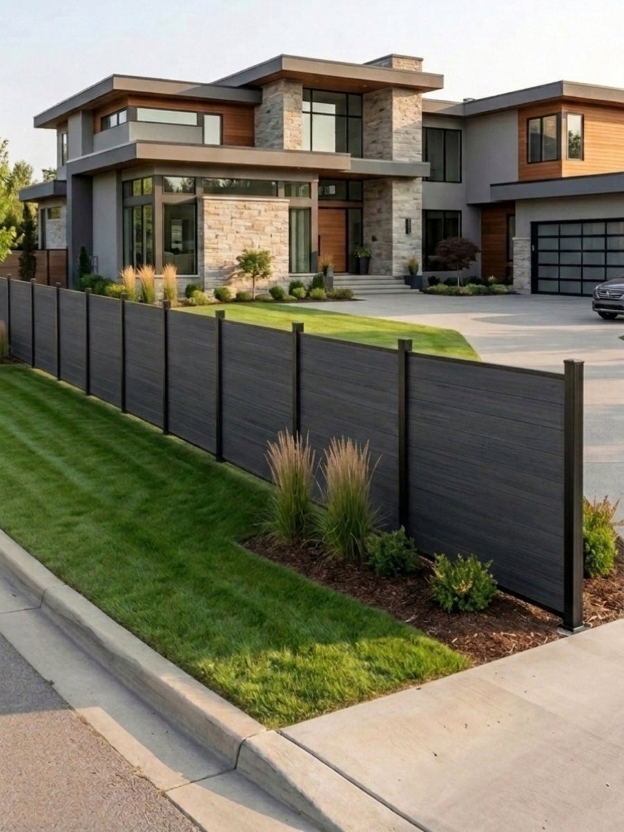 Black composite fence installed along the front lawn of a modern home