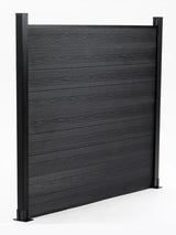 Angled view of a black composite fence panel with horizontal wood-grain boards and two posts