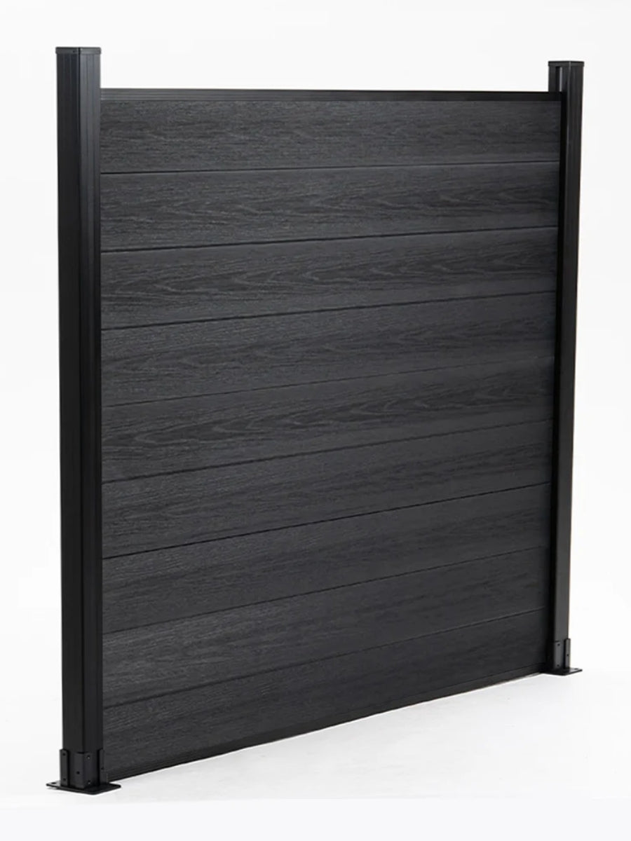 Angled view of a black composite fence panel with horizontal wood-grain boards and two posts