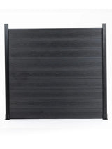 Front view of a black composite fence panel with horizontal wood-grain boards