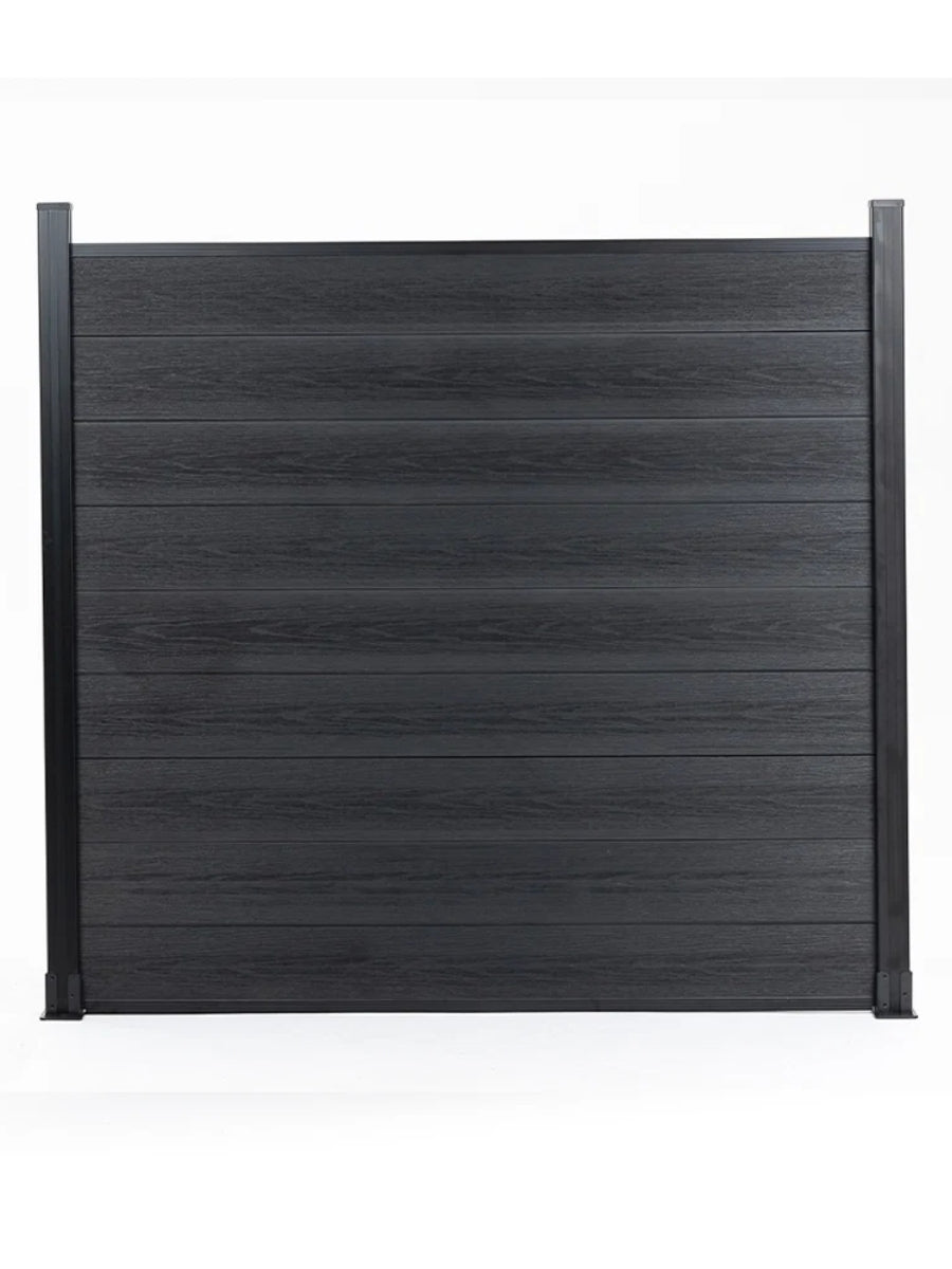 Front view of a black composite fence panel with horizontal wood-grain boards