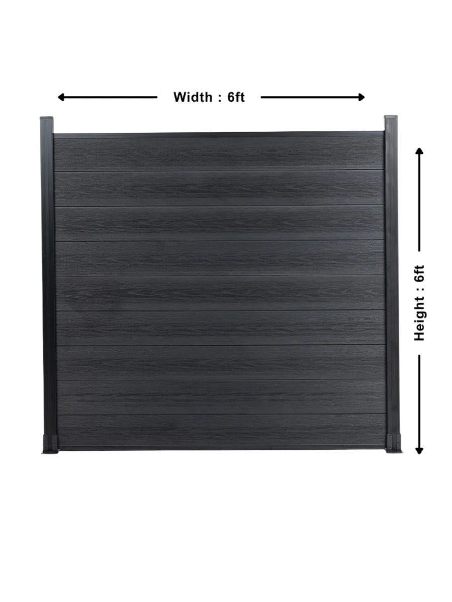 Black composite fence panel with labeled 6 ft width and 6 ft height
