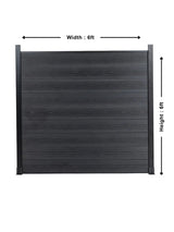 Black composite fence panel with labeled 6 ft width and 6 ft height