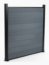 Angled view of a light gray co-extrusion composite fence panel with horizontal boards and black frame