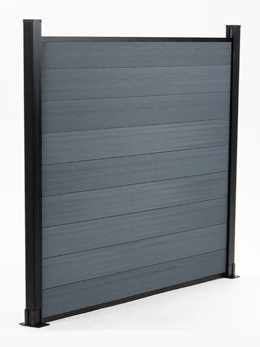 Angled view of a light gray co-extrusion composite fence panel with horizontal boards and black frame