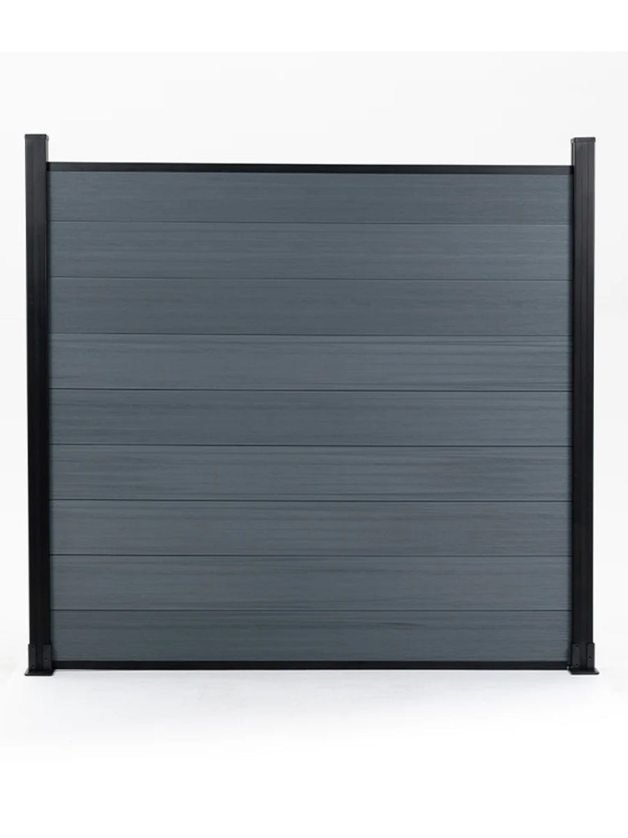 Front view of a light gray co-extrusion composite fence panel between black posts