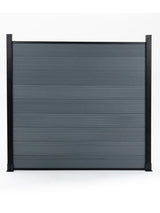 Front view of a light gray co-extrusion composite fence panel between black posts