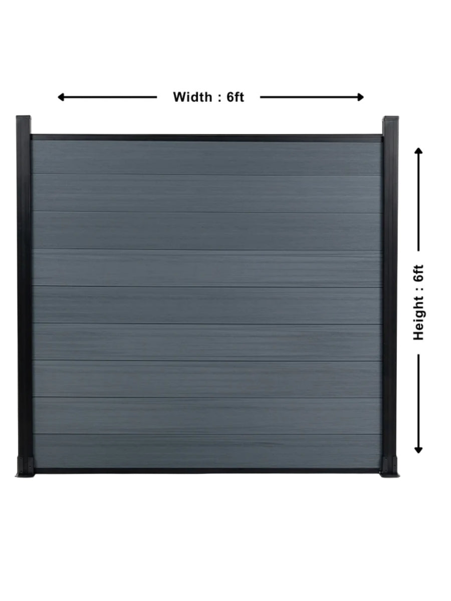Light gray co-extrusion composite fence panel with 6 ft width and 6 ft height markings