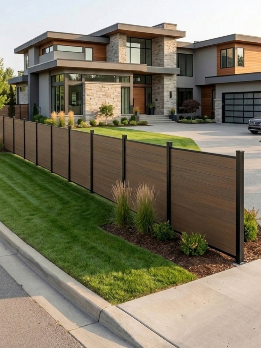 Walnut composite fence with black posts enclosing the front lawn of a modern home