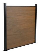 Angled view of walnut co-extrusion composite fence panel with horizontal boards and black frame