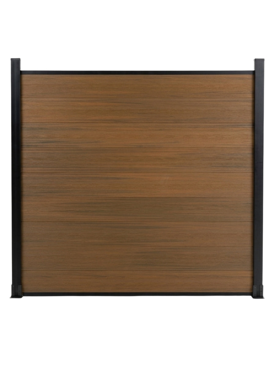 Front view of walnut composite fence panel framed by two black posts