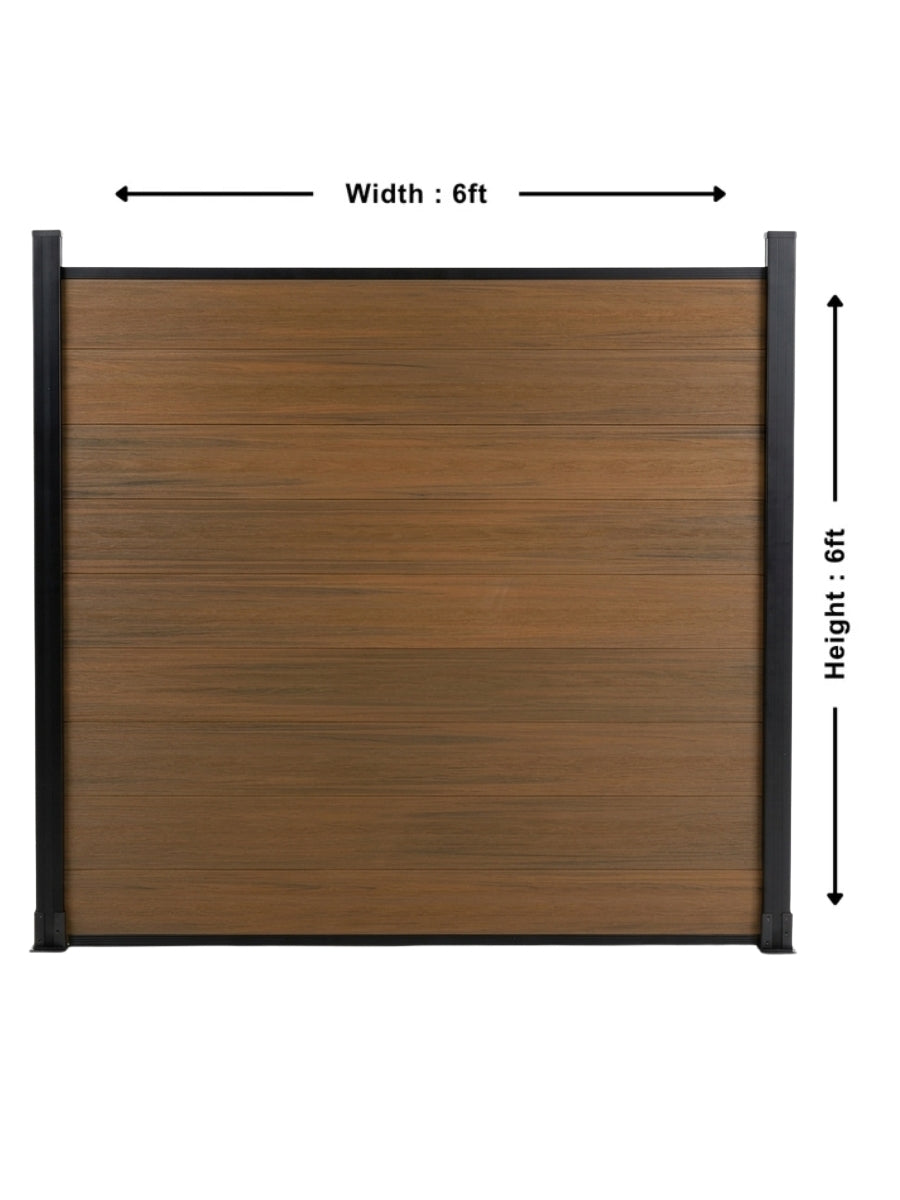 Walnut co-extrusion composite fence panel with labeled 6-foot width and 6-foot height