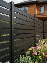 semi privacy aluminum fence panel with open slats for airflow and light outdoor fencing