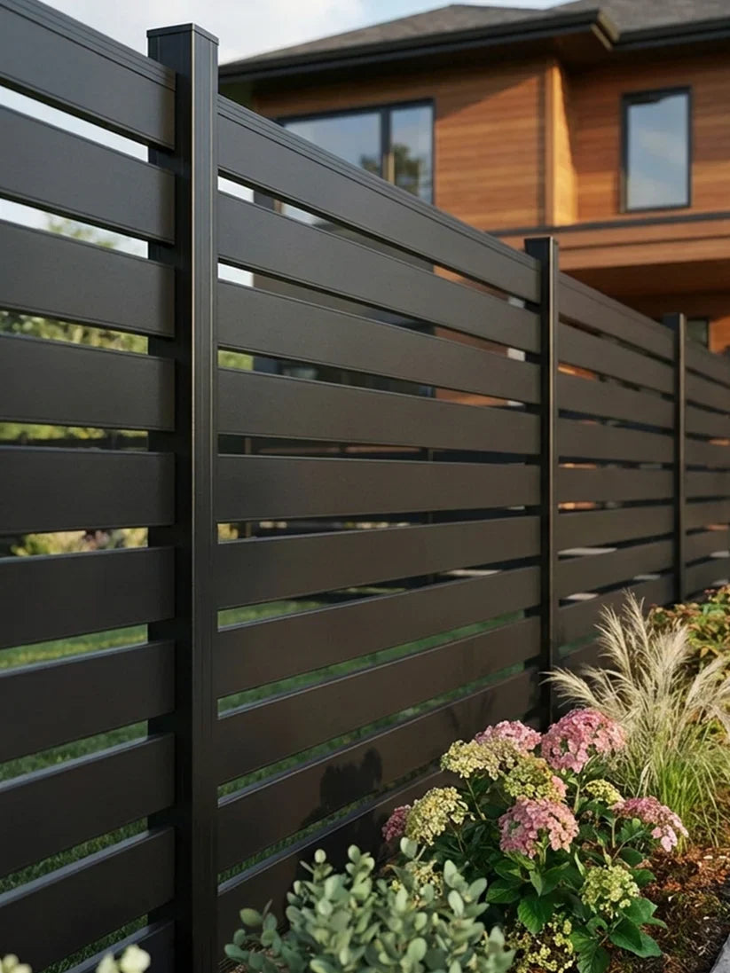 semi privacy aluminum fence panel with open slats for airflow and light outdoor fencing