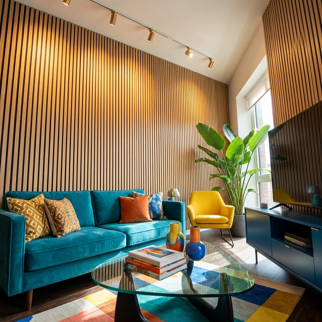 Light oak acoustic wood slat wall in a colorful living room with a teal sofa