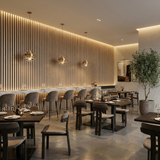 Restaurant interior with natural oak acoustic slat wall panel feature wall