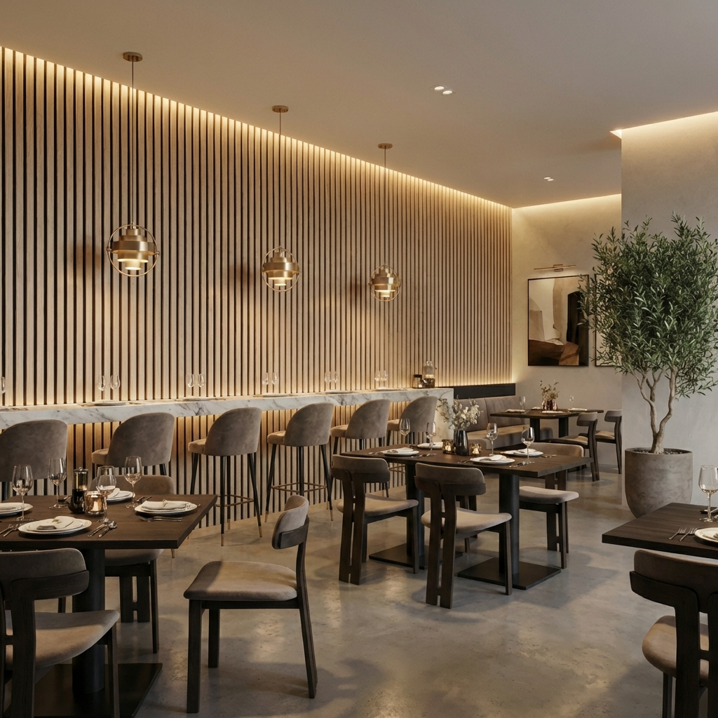 Restaurant interior with natural oak acoustic slat wall panel feature wall