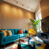 Living room with light oak acoustic slat wall panel feature wall and track lighting