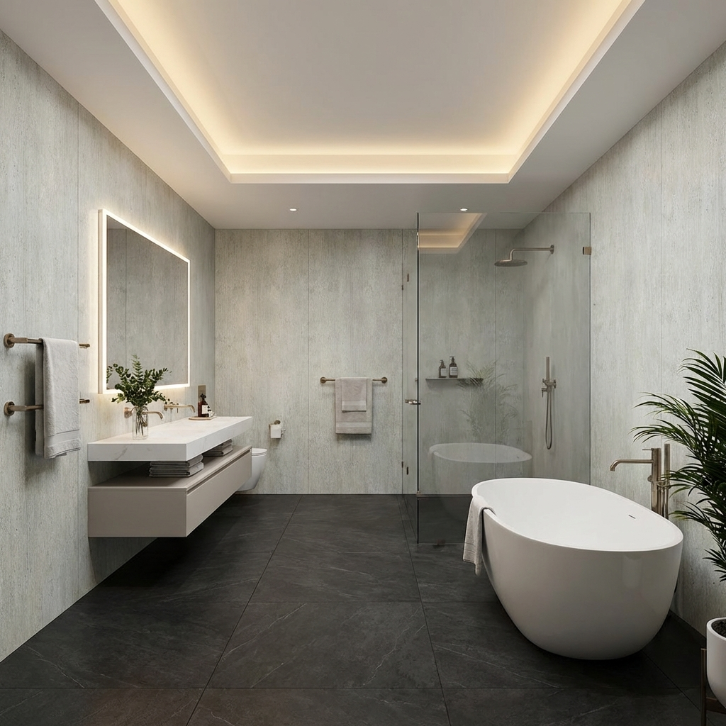 Modern minimalist bathroom with Travertine stone finish PVC panels