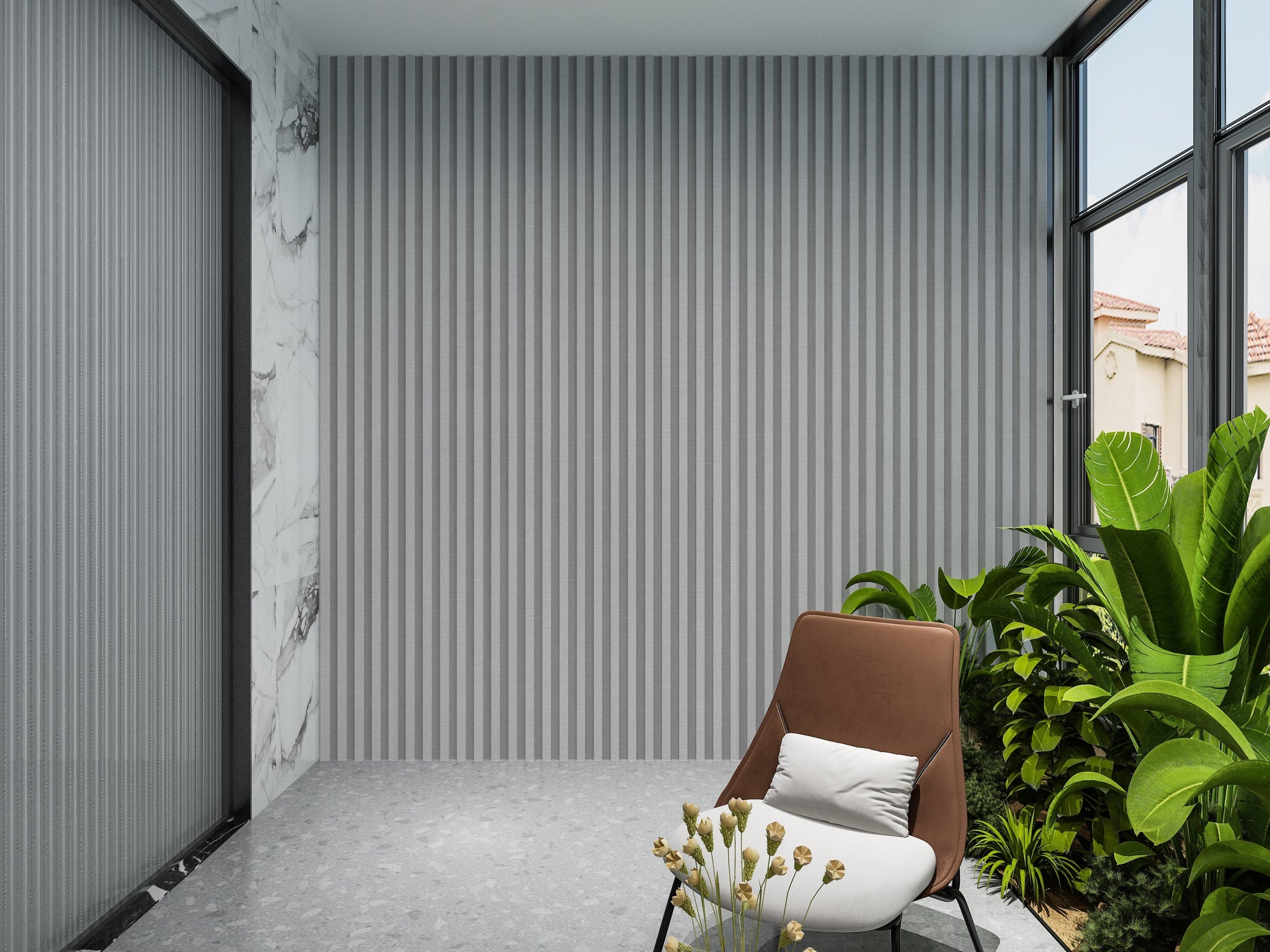 White linen WPC Fluted 3D Wall Panels. Wall Panel Market. Balcony Design With WPC Fluted Wall Panels