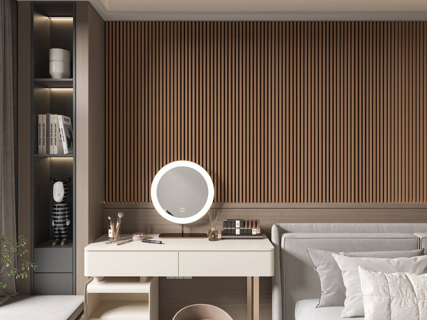 Oak gray WPC fluted wall panel used as bedroom accent wall behind vanity and bed