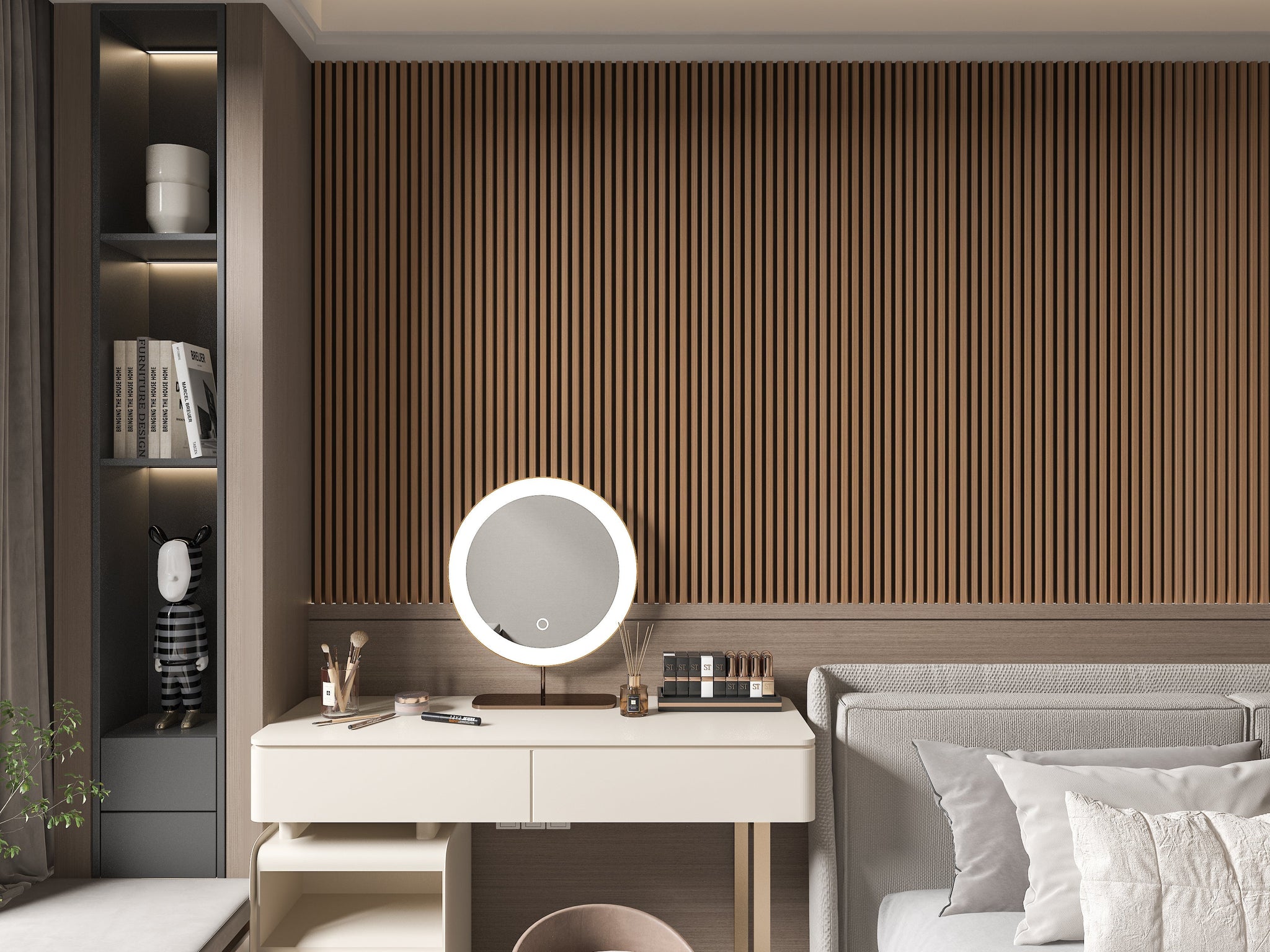 Oak gray WPC fluted wall panel used as bedroom accent wall behind vanity and bed