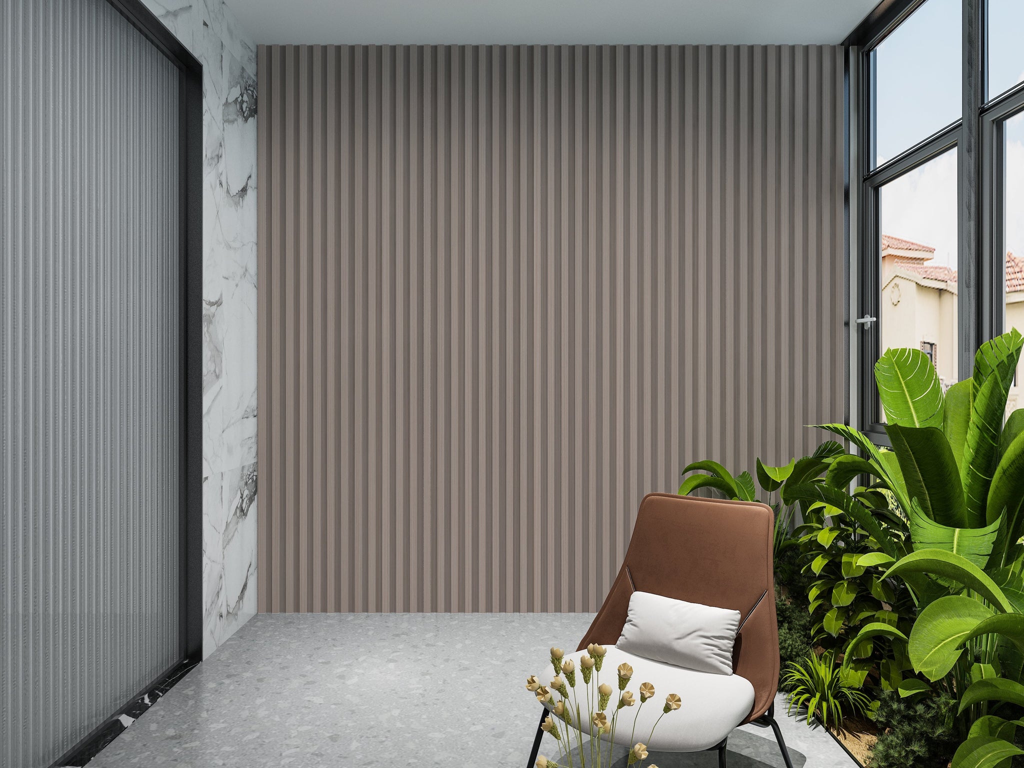 Cedar Oak WPC Fluted 3D Wall Panels. Wall Panel Market. Balcony Design With WPC Fluted Wall Panels