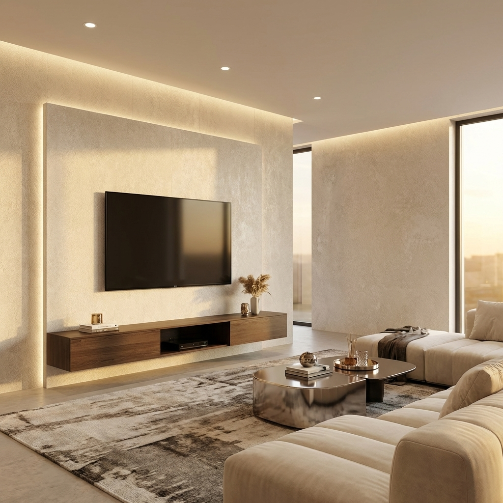 Beige stone PVC panels TV wall design modern living room