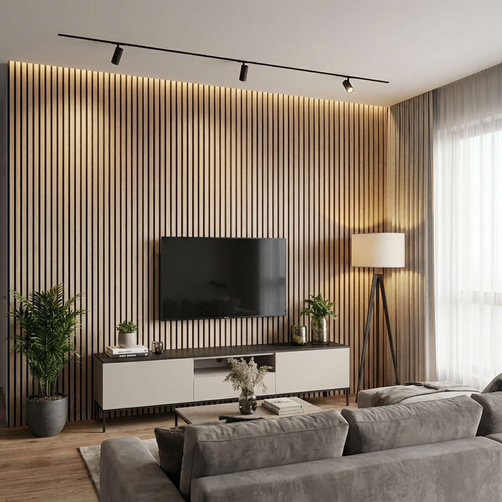Living room with natural oak acoustic slat wall panel TV feature wall and warm LED lighting