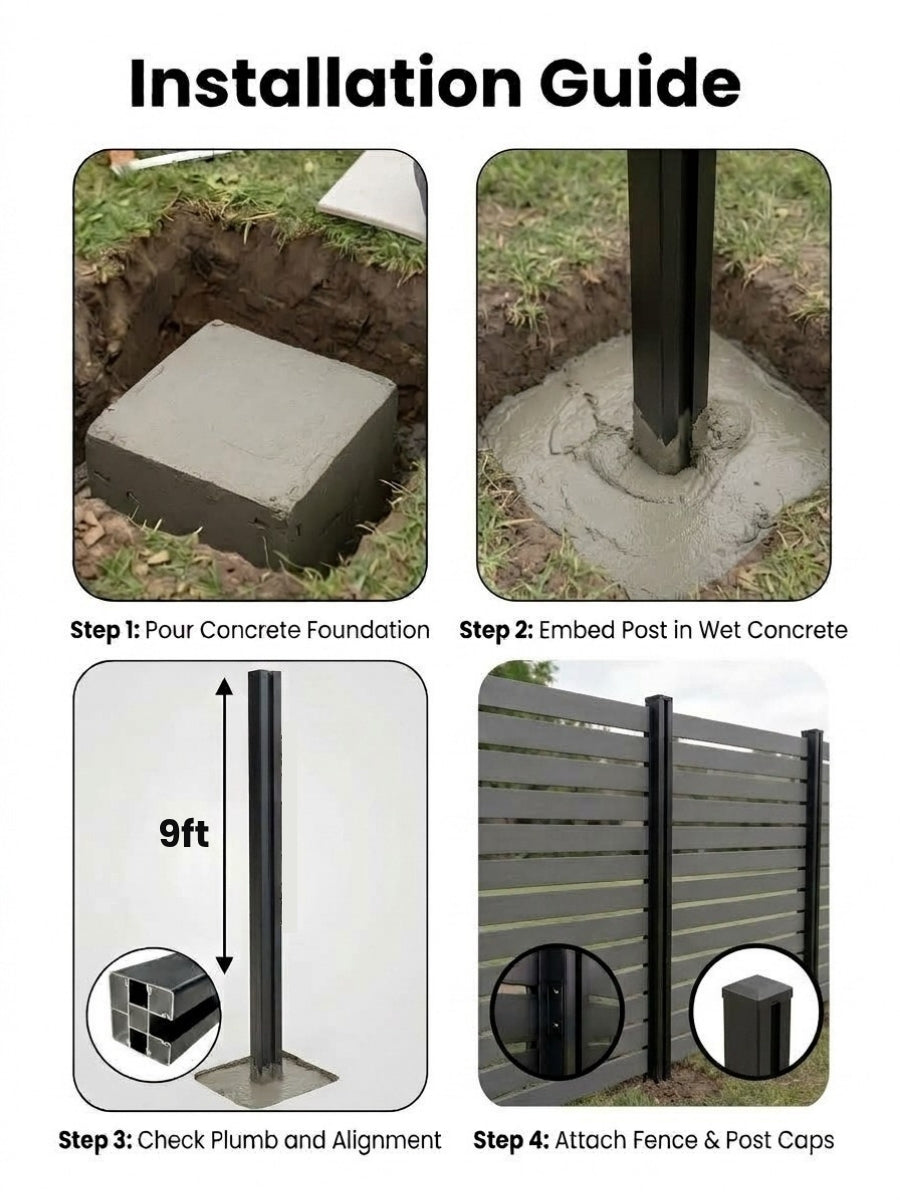 Four-step installation guide for setting the 9 ft NewGen gate post in concrete and attaching fence panels and caps