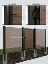 Installed composite fence and gate supported by NewGen inground posts, with close-ups of the latch and hinge sides