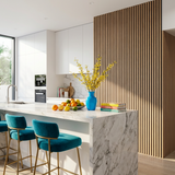 Modern kitchen with light oak acoustic slat wall panel feature wall