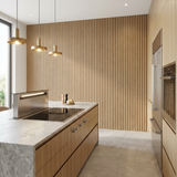 Modern kitchen with natural oak acoustic slat wall panel