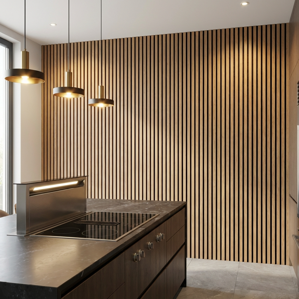 Modern kitchen with royal oak acoustic slat wall panel feature wall