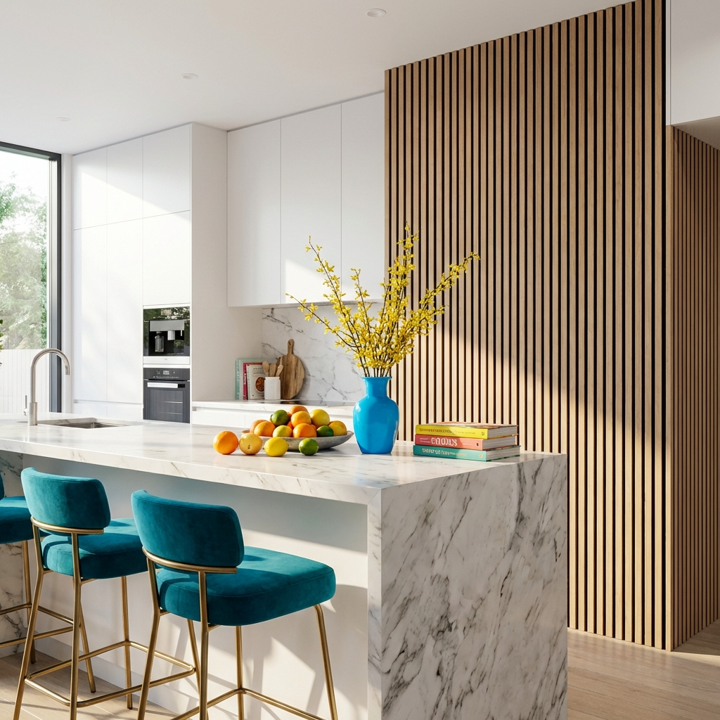 Modern kitchen with a light oak acoustic wood slat feature wall beside a marble island