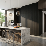 Black Acoustic Slat Wall Panels Installed in Modern Luxury Kitchen with Feature Wall Design