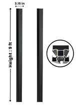 NewGen 9ft inground gate post shown from two sides with 3.15-inch width and cross-section detail