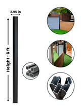 Black 6 ft adjustable angle corner post with 2.95-inch width, profile details, and installed fencing examples