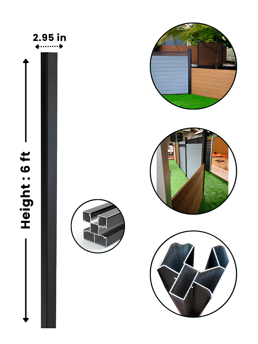 Black 6 ft adjustable angle corner post with 2.95-inch width, profile details, and installed fencing examples